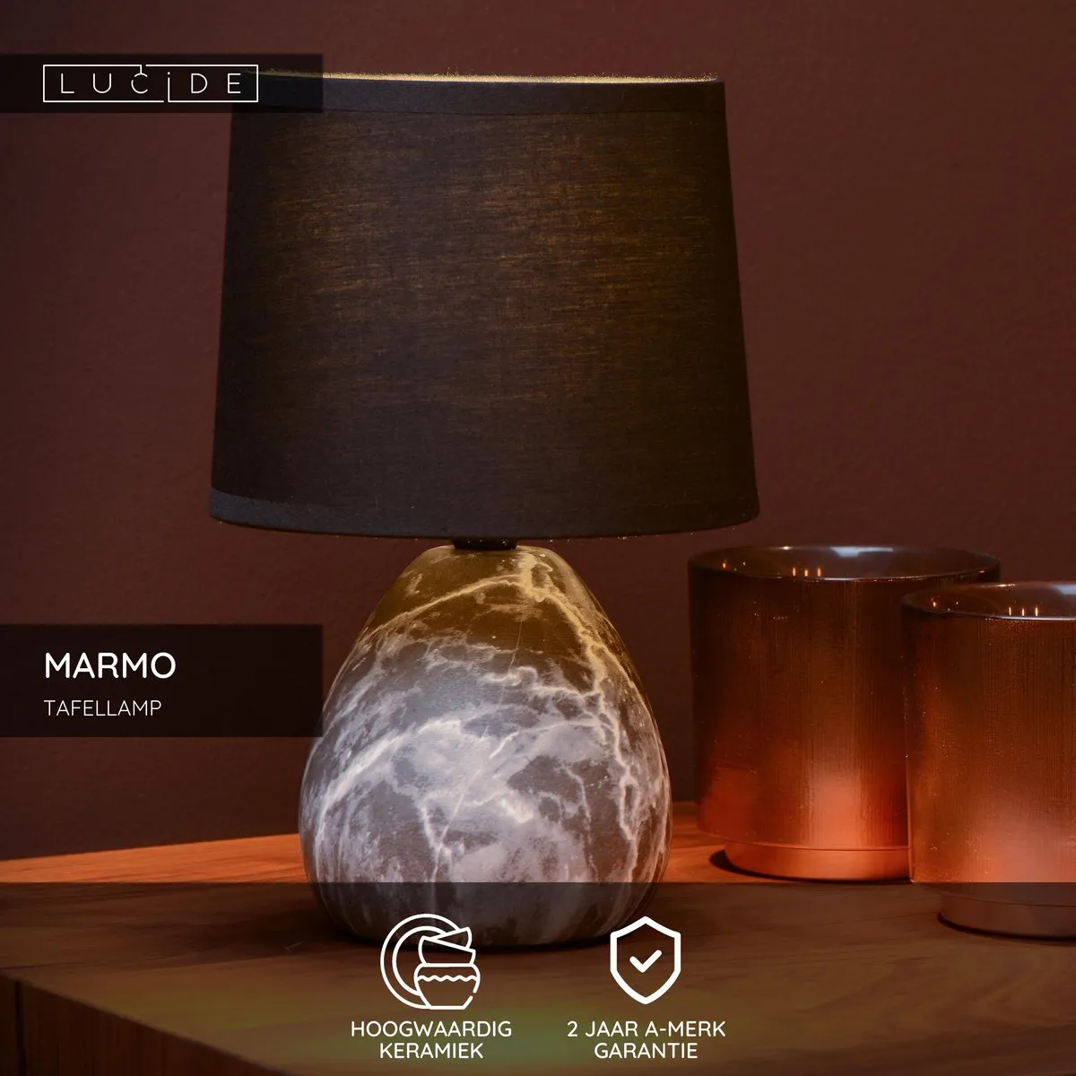 Lucide MARMO Tafellamp Ø16cm - 1xE14 - Zwart