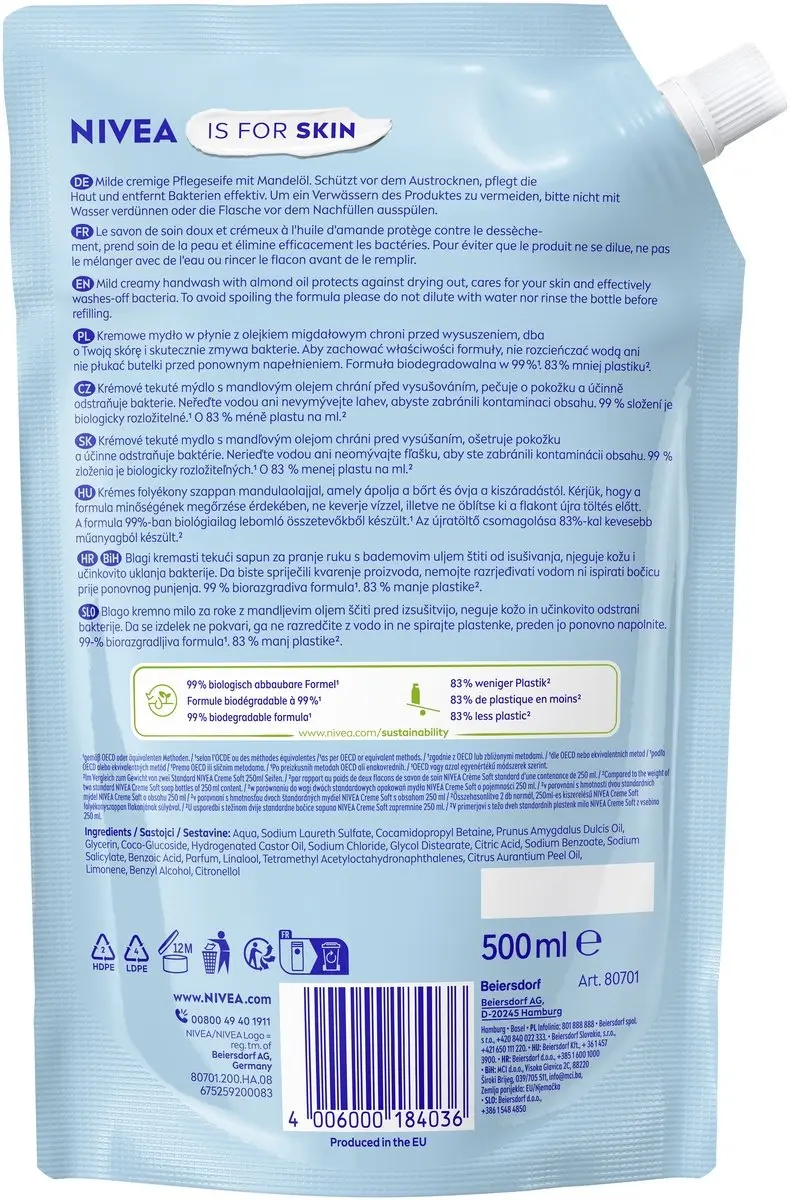 NIVEA Creme Soft Handzeep Navulzak 500ml - afbeelding 4 van 4