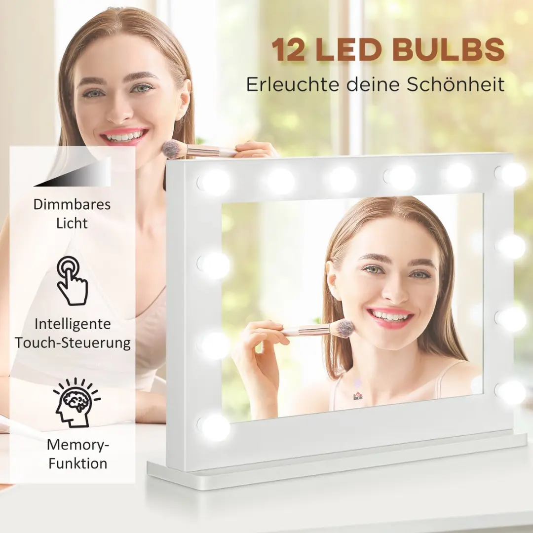 Homcom Hollywood-spiegel 80x60cm - 12 LED-lampen - Wit