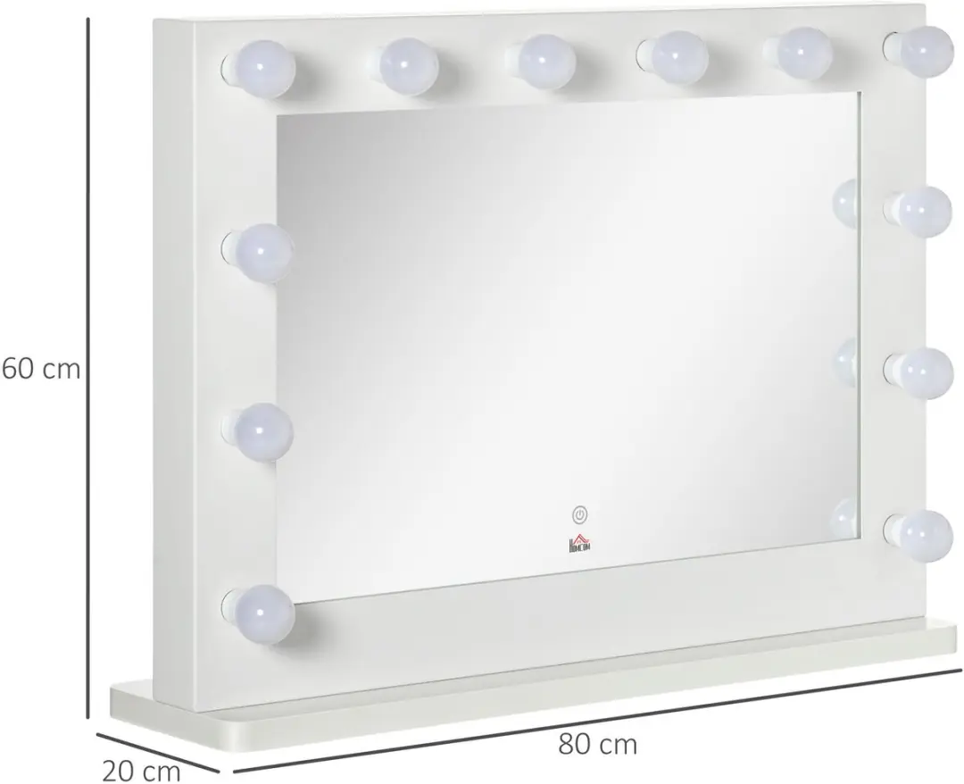 Homcom Hollywood-spiegel 80x60cm - 12 LED-lampen - Wit - afbeelding 6 van 6