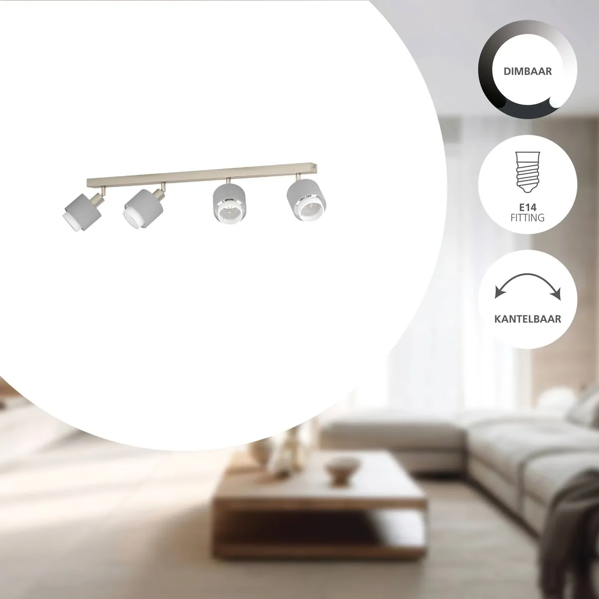 Eglo Bellizzi Spot E14 - 4 Lichtpunten 75cm - Grijs/Wit - afbeelding 6 van 6