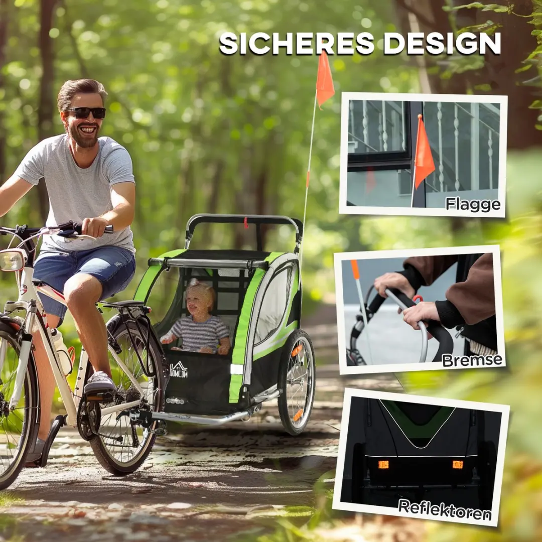 Homcom Kinderfietsaanhanger - 142x75x101cm Groen/Zwart