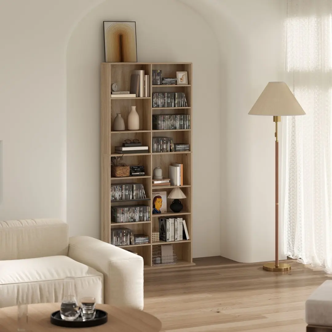Homcom CD-opslagunit 18 Vakken - 78,5x24x175cm - Natuurlijk hout