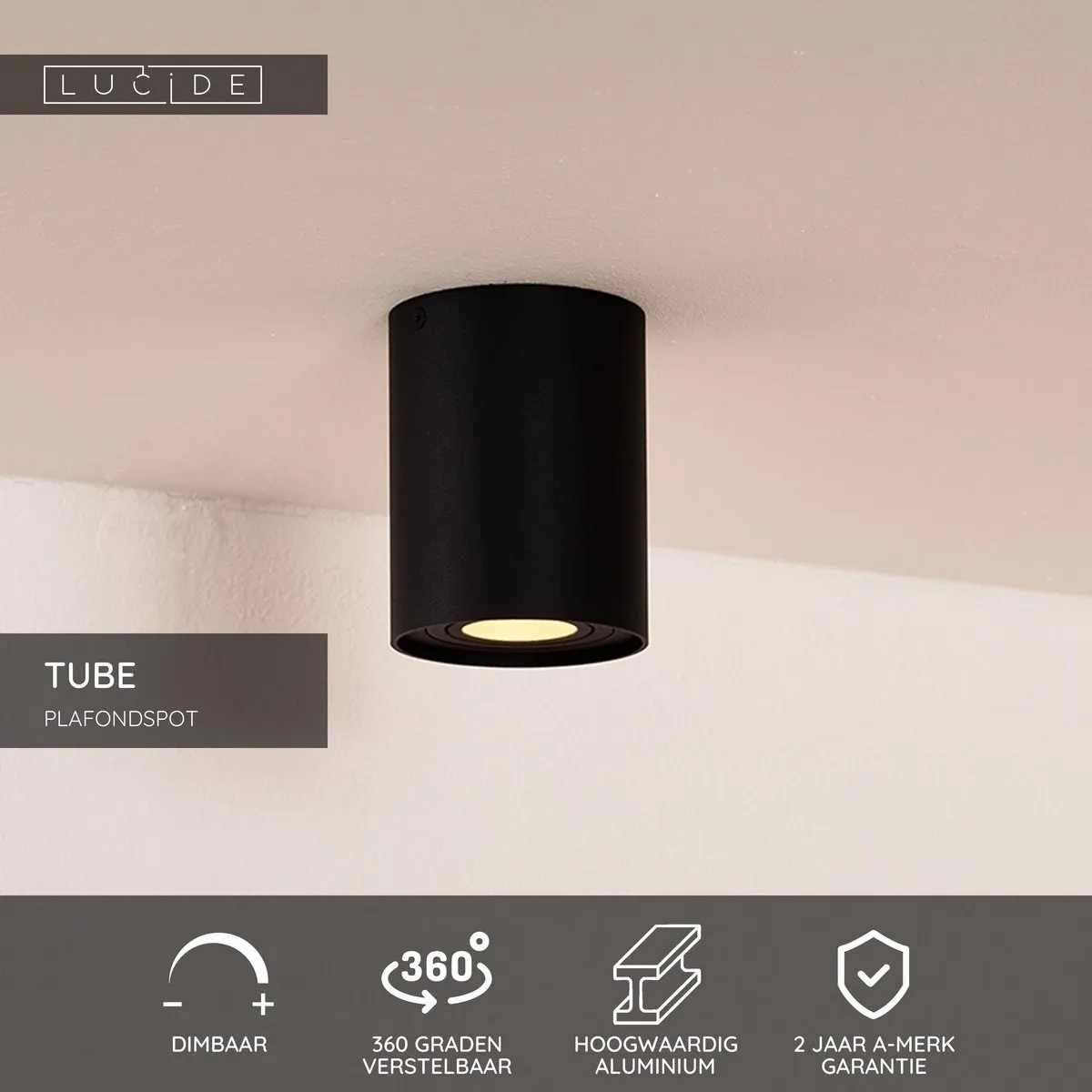 Lucide TUBE Plafondspot GU10 - Ø9,6cm - Zwart