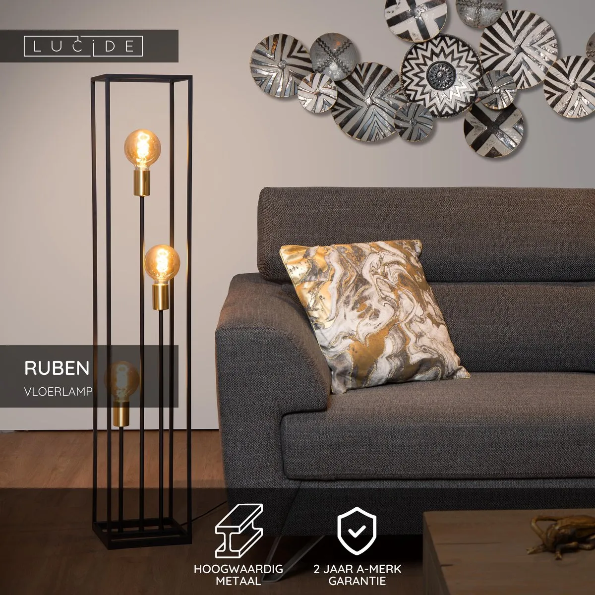 Lucide Ruben Vloerlamp 3xE27 - Zwart