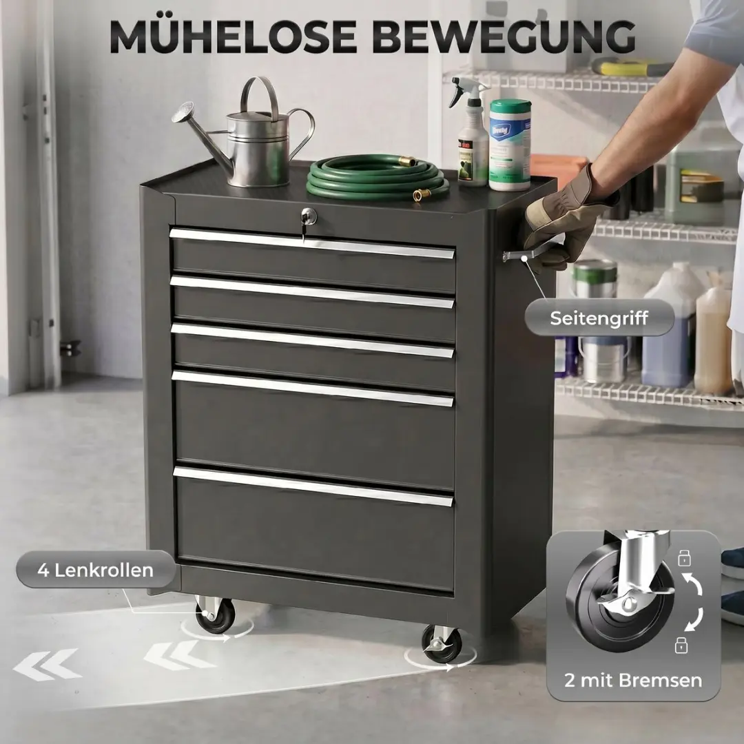 Homcom Werkstattwagen 5 Lades - 61,5x33x82,5cm - Zwart