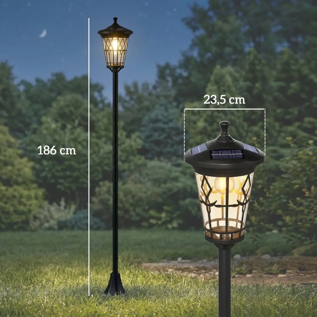 Outsunny Buitenlamppaal Solar 1 Lichtpunt - 23,5x23,5x186cm Zwart