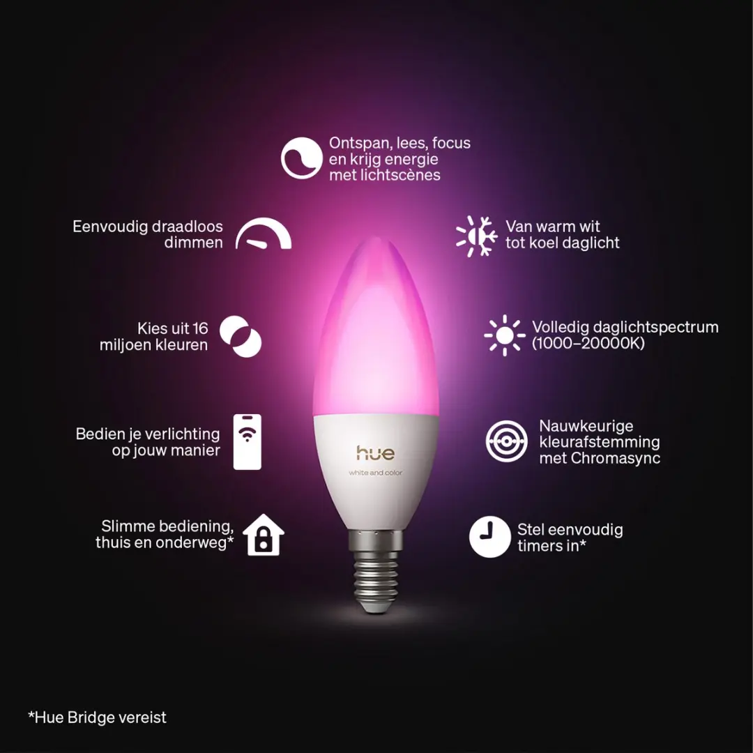 Philips Hue LED Kaarslamp E14 RGBW - 2 Stuks - Mat Glas