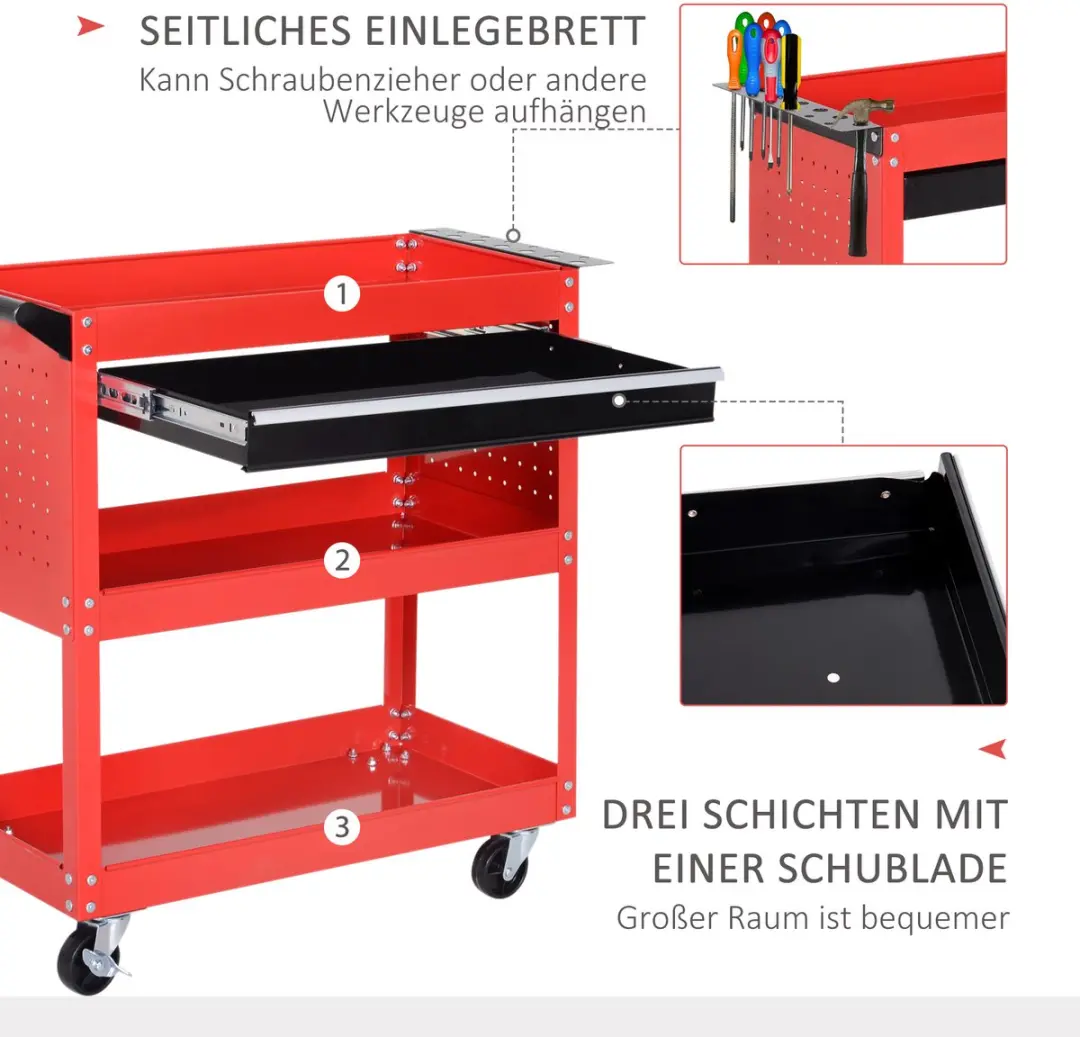 Homcom Werkplaats Rollwagen 82x35x76cm - 1 Lade - Zwart/Rood - afbeelding 6 van 6