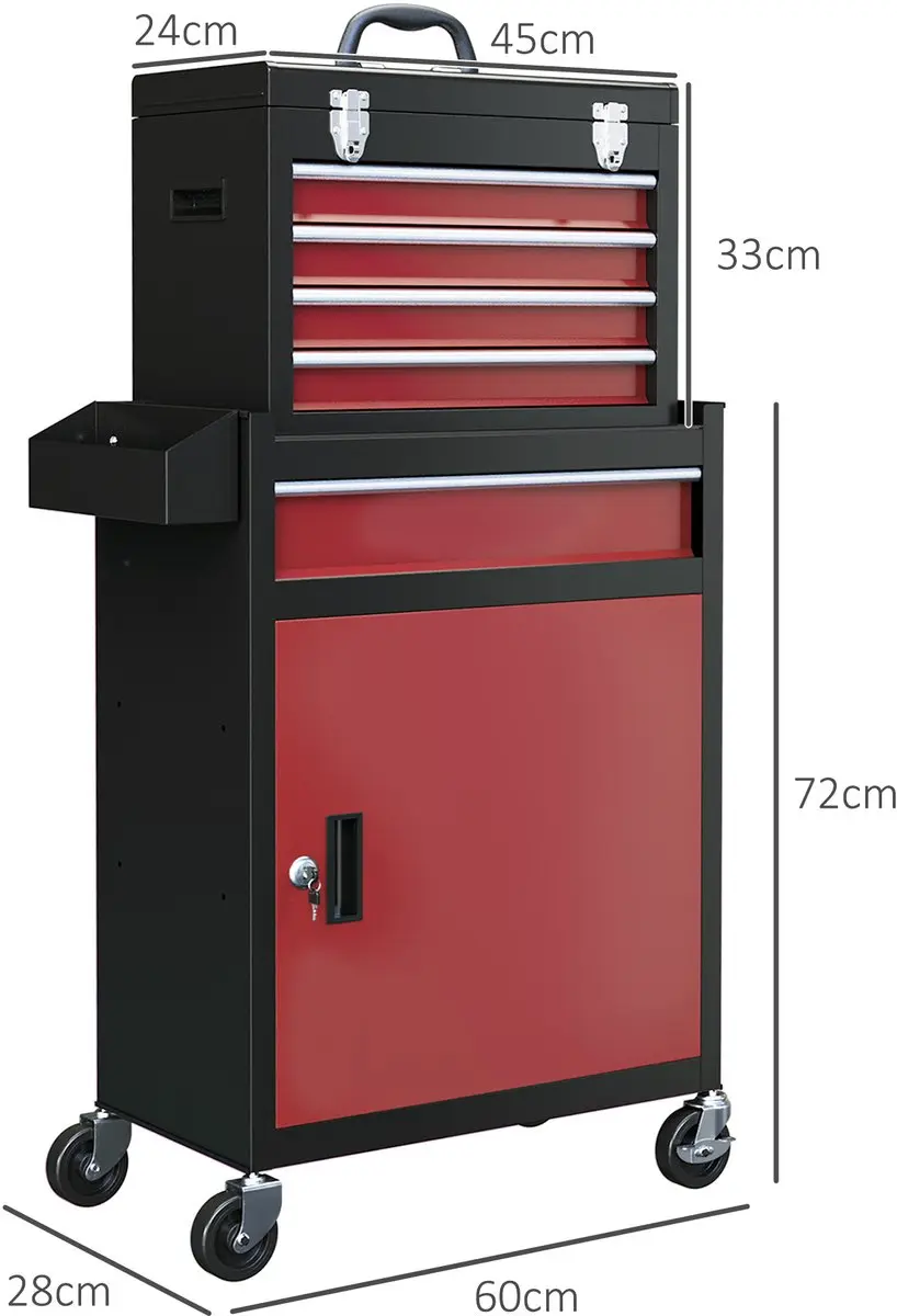 Homcom Werkstattwagen - 5 Lades - 60x28x102cm - Rood