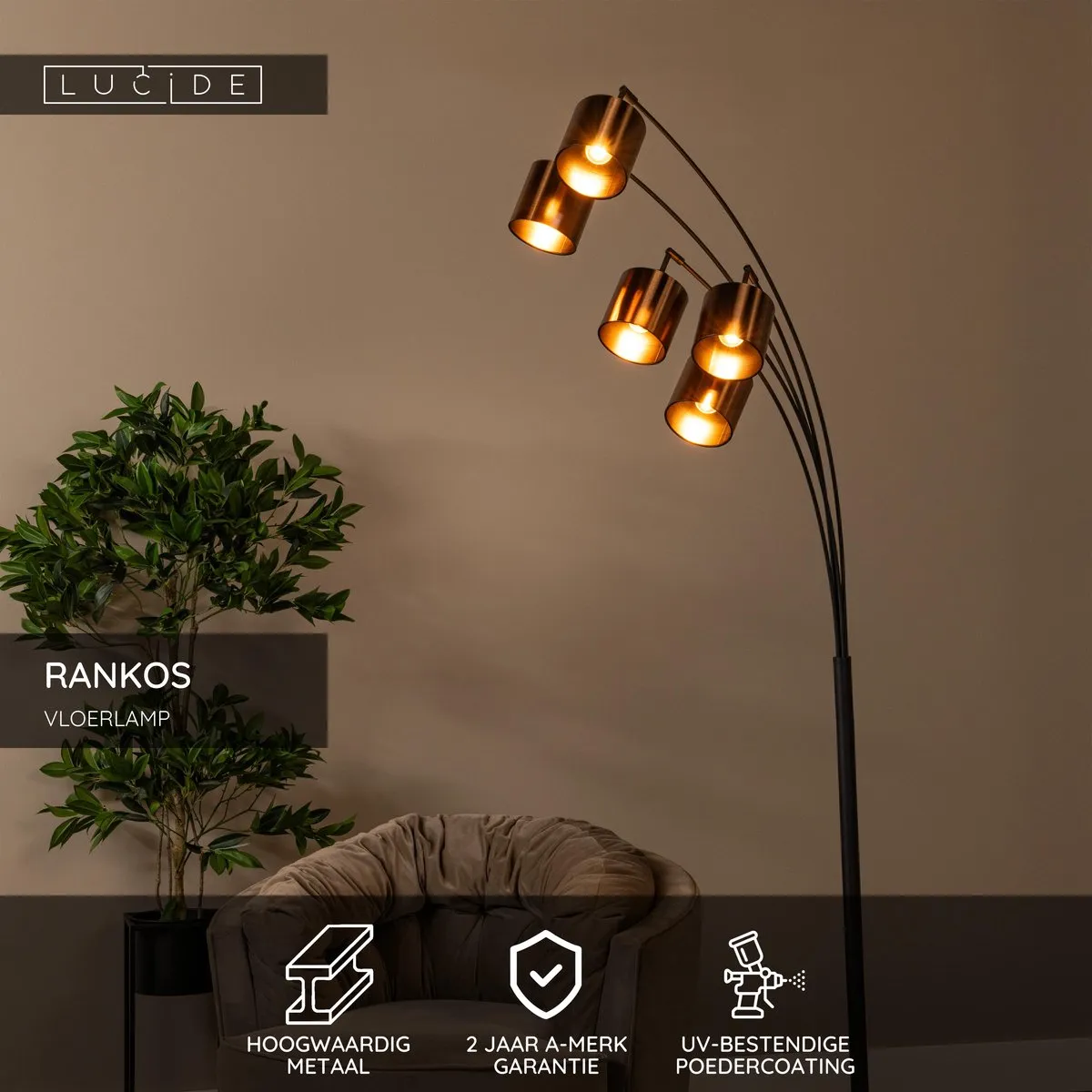 Lucide Rankos Vloerlamp 5xE14 - Zwart