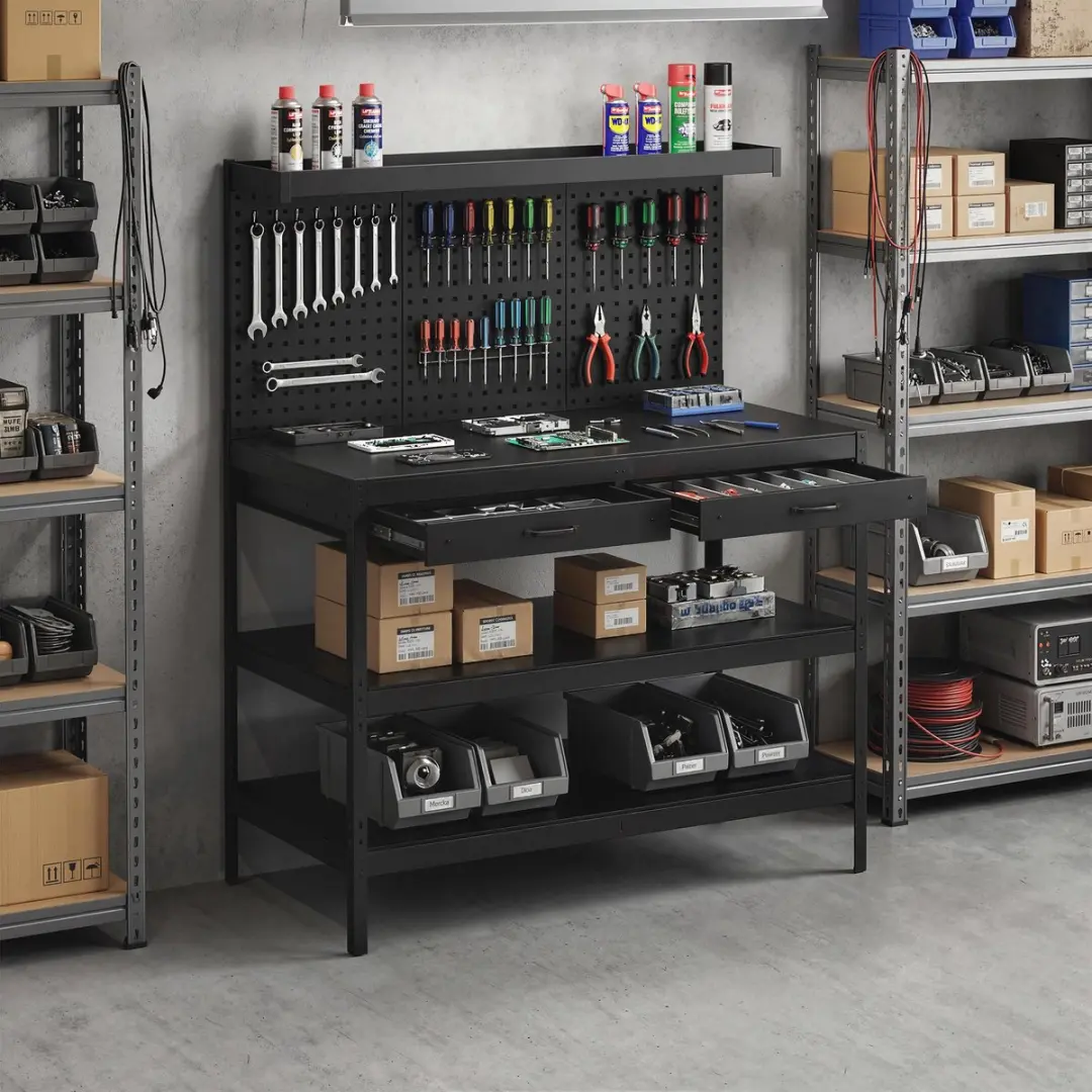 Homcom Werkbank Staal MDF 122x61x156cm - 2 Lades - Zwart