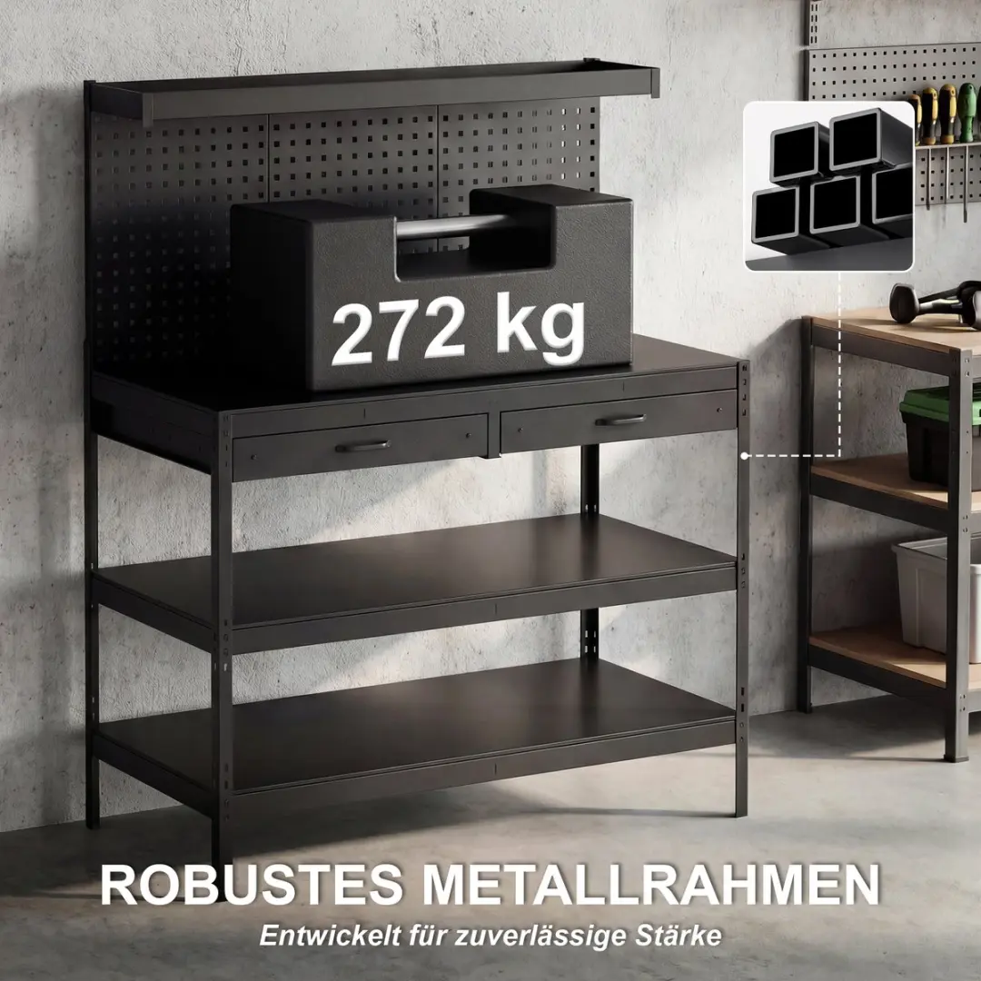 Homcom Werkbank Staal MDF 122x61x156cm - 2 Lades - Zwart - afbeelding 6 van 6