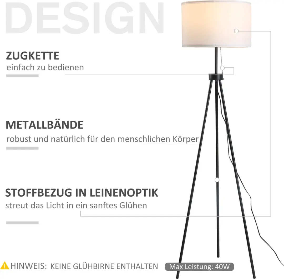Homcom Staande Lamp E27 152cm - Zwart/Wit - afbeelding 6 van 6