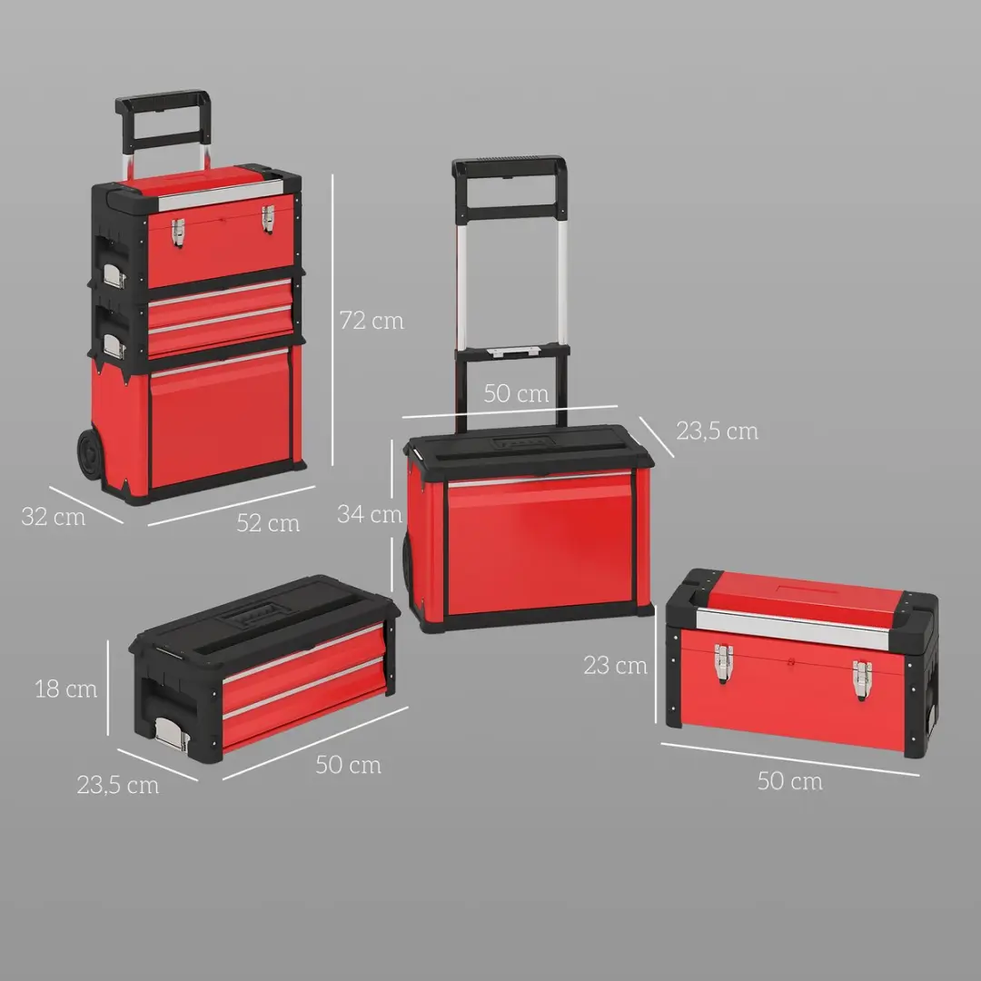 Homcom Gereedschapskist Set - 3 Stuks - 52x32x72cm - Rood