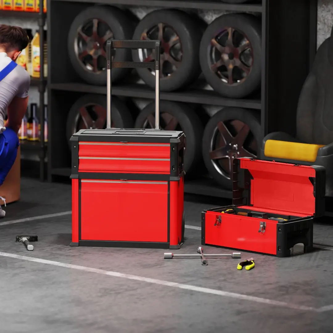 Homcom Gereedschapskist Set - 3 Stuks - 52x32x72cm - Rood
