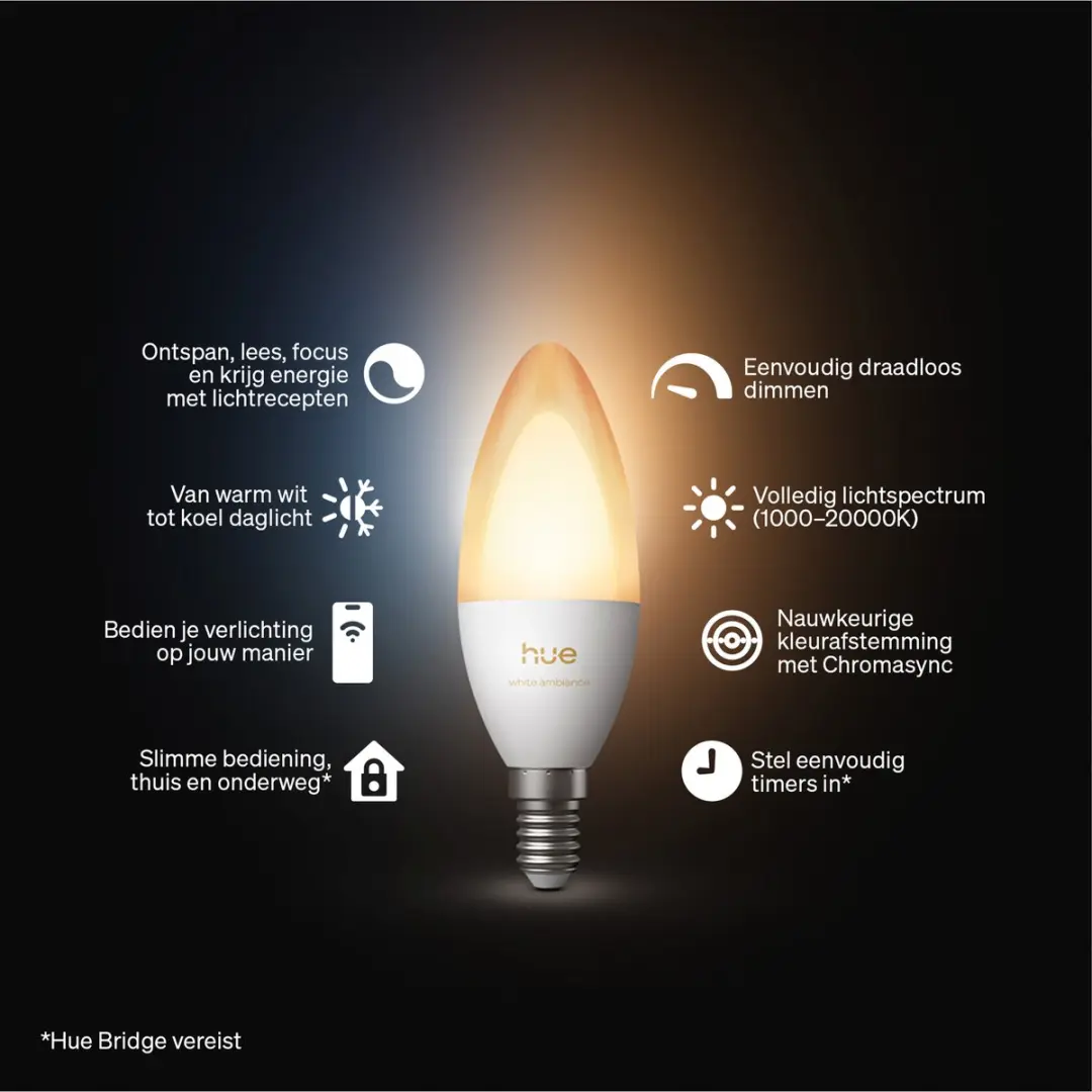 Philips Hue LED Kaarslamp E14 - Mat Glas - 3,7W