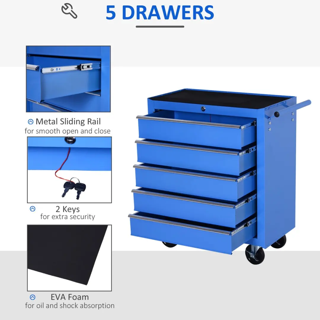 Homcom Mobiele Werkplaatswagen E2-0005 - 5 Lades - Blauw
