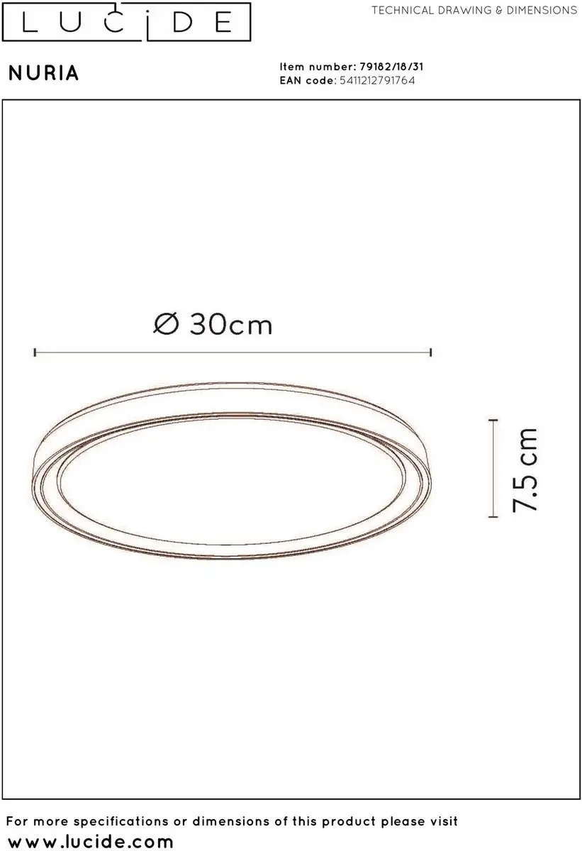 Lucide NURIA Plafondlamp Ø30cm - LED 18W 2700K Wit