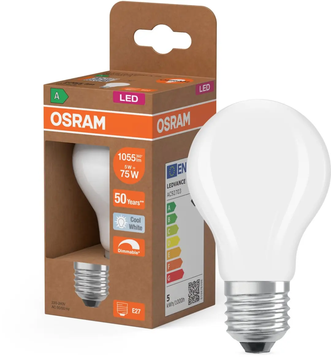 Osram LED Classic A 75 Filament DIM 5W - 1055lm Koel wit - Mat
