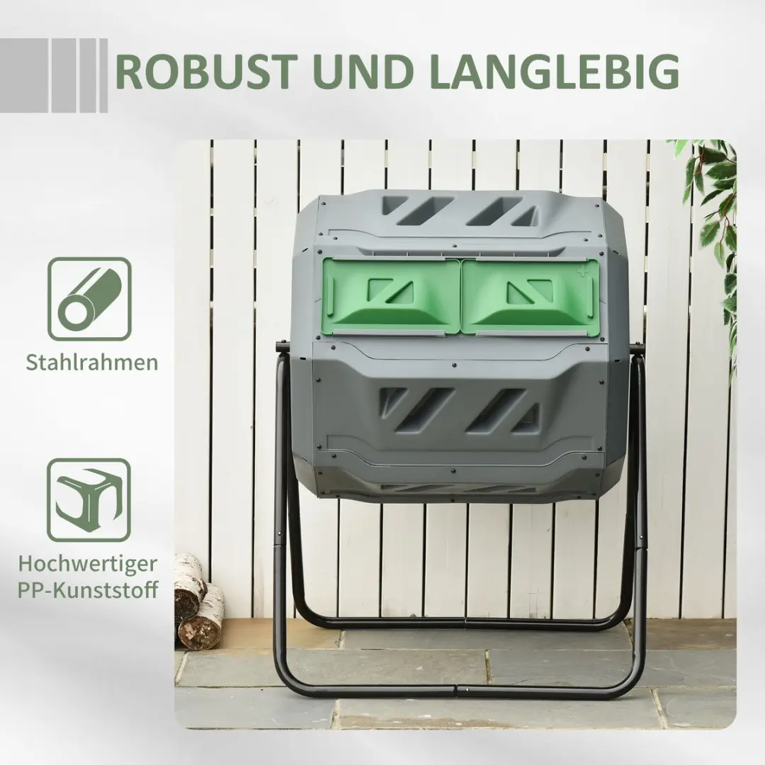 Outsunny Compostbak Kunststof 160L - 2 Vakken Grijs