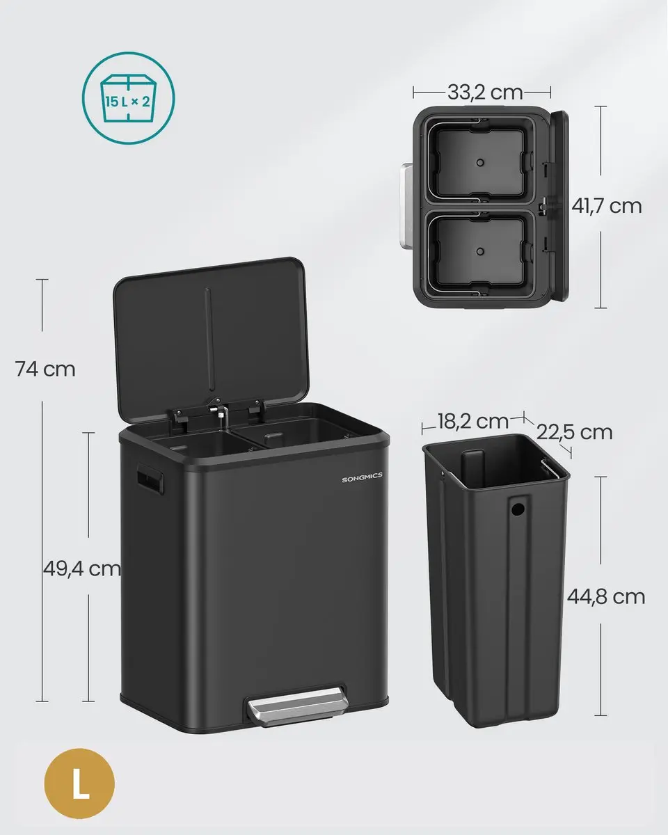 Songmics Pedaalprullenbak 15L - Zwart