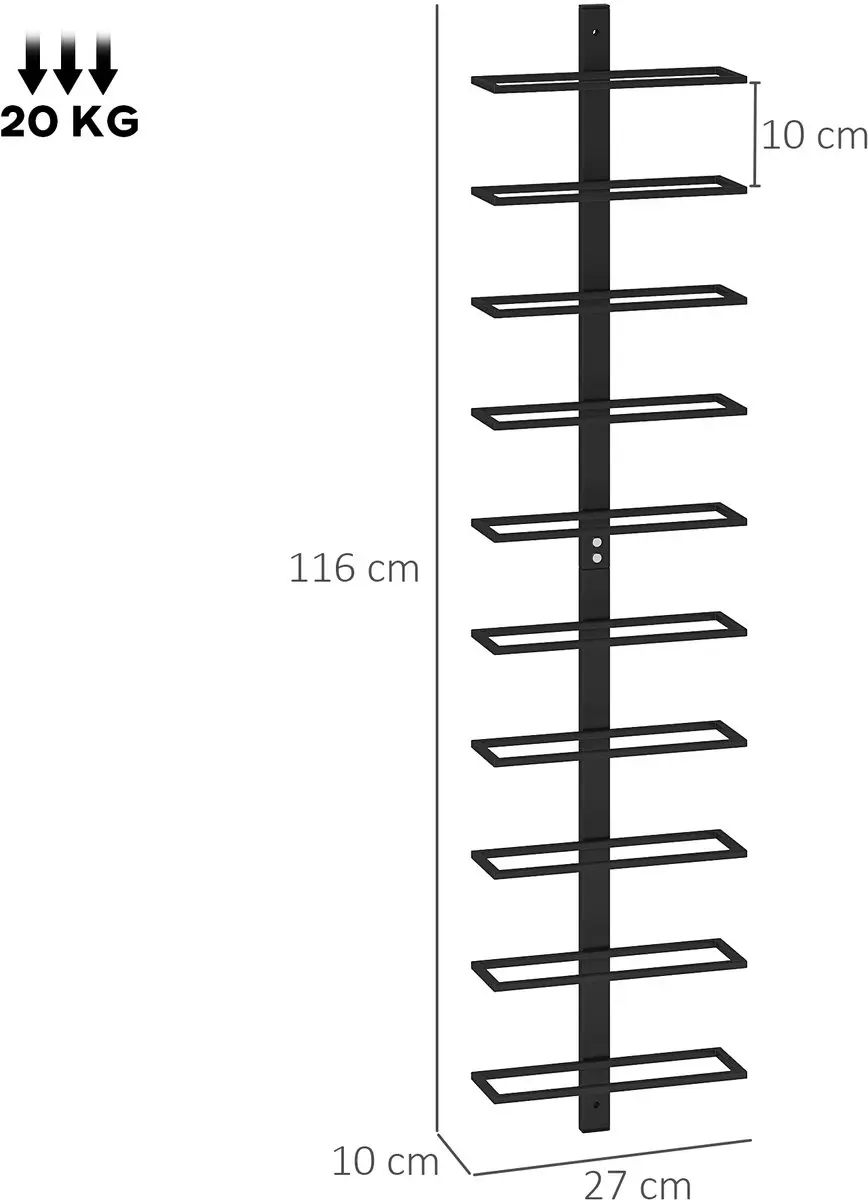 Homcom Wijnrek 10 Flessen - 27x10x116cm - Zwart