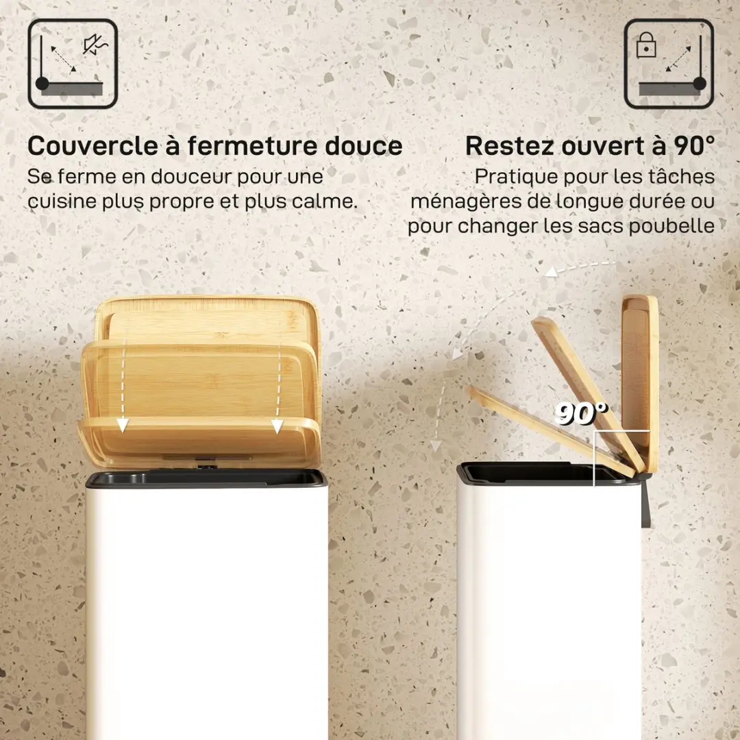 Homcom Prullenbak Metaal Bamboe 20L - 29,5x29,5x56,8cm - Wit/Naturel