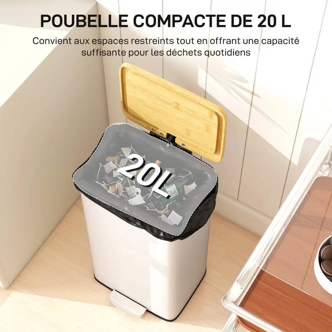 Homcom Prullenbak Metaal Bamboe 20L - 29,5x29,5x56,8cm - Wit/Naturel