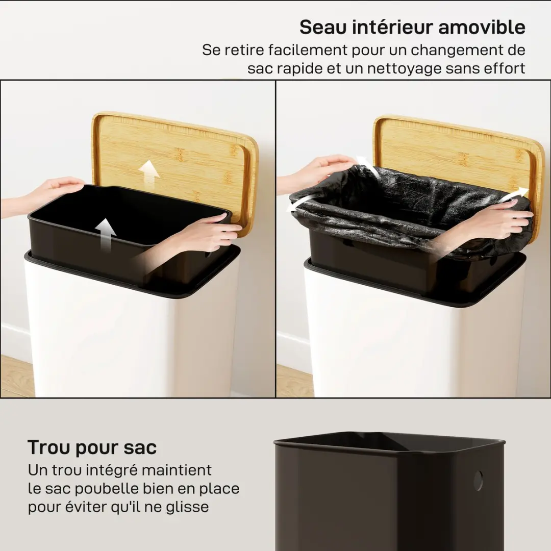 Homcom Prullenbak Metaal Bamboe 20L - 29,5x29,5x56,8cm - Wit/Naturel