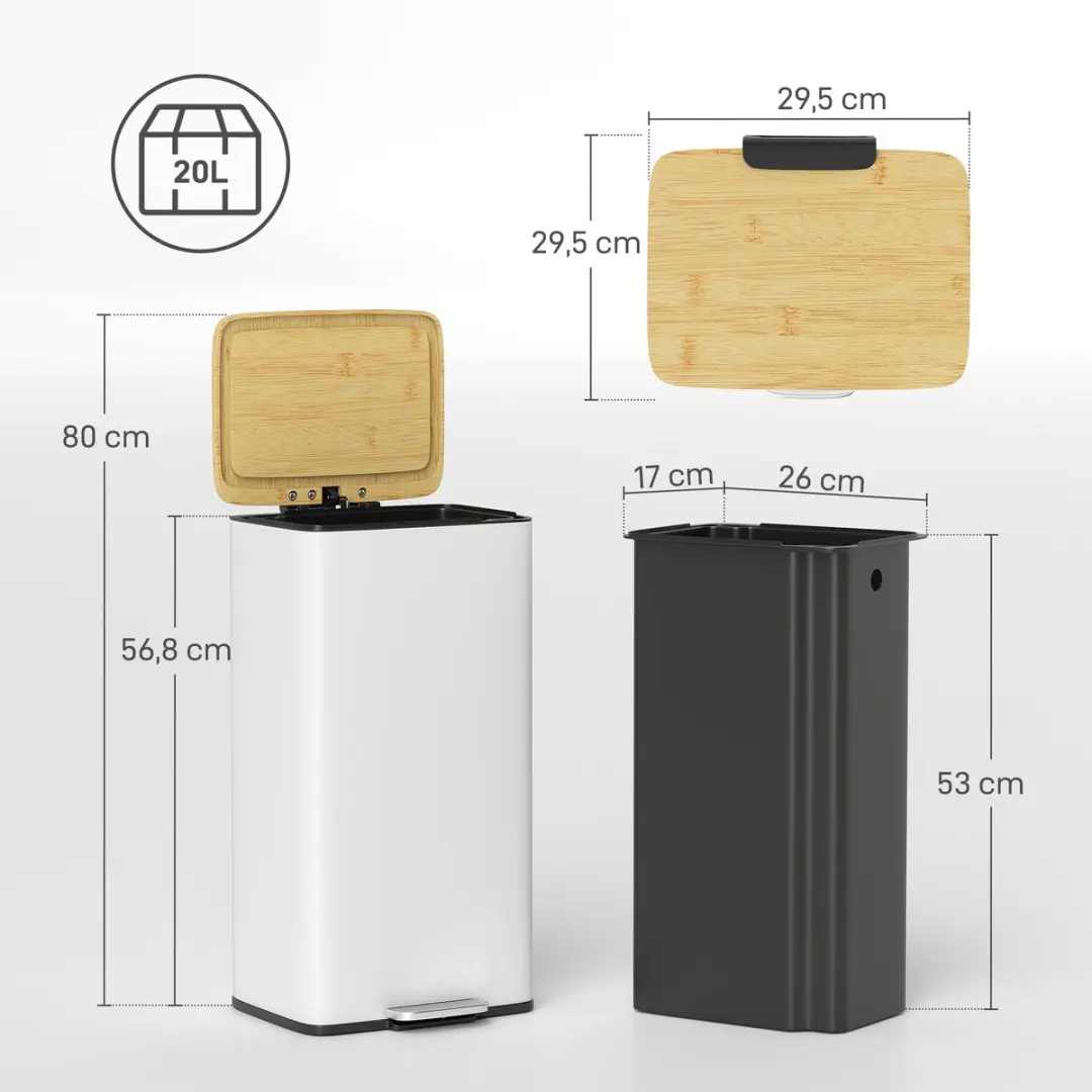 Homcom Prullenbak Metaal Bamboe 20L - 29,5x29,5x56,8cm - Wit/Naturel