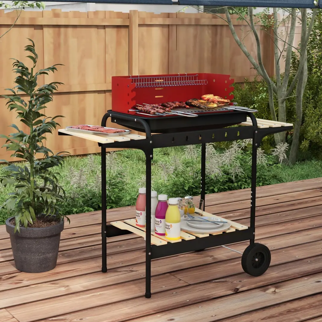 Outsunny Houtskoolgrill - 103x47x95cm - 12 Burgers - Rood