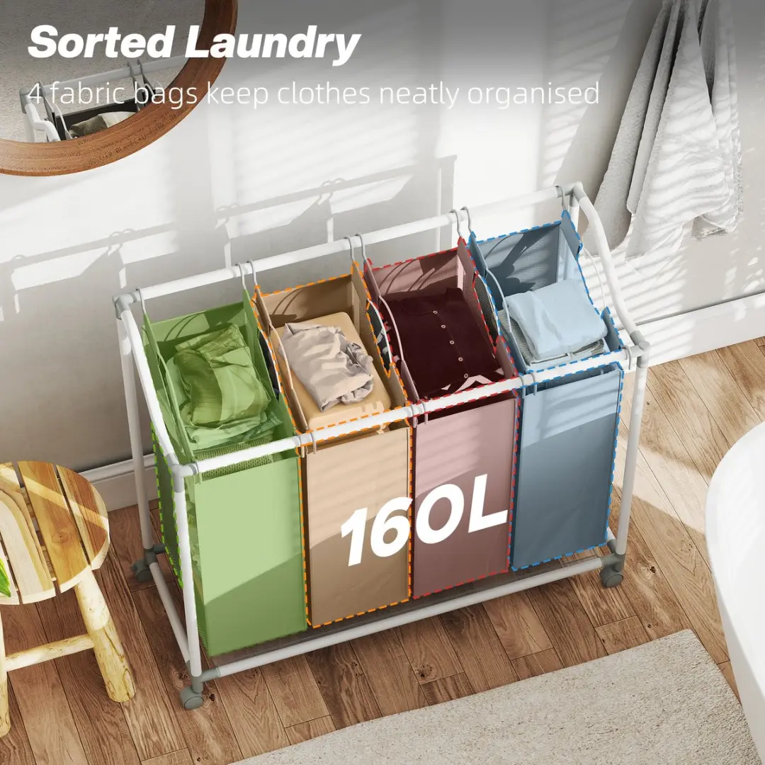 Homcom Wasmand met 4 vakken 160L - Grijs