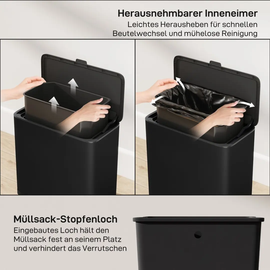 Homcom Prullenbak Roestvrij staal 30x17x30cm - 8L - Zwart - afbeelding 6 van 6