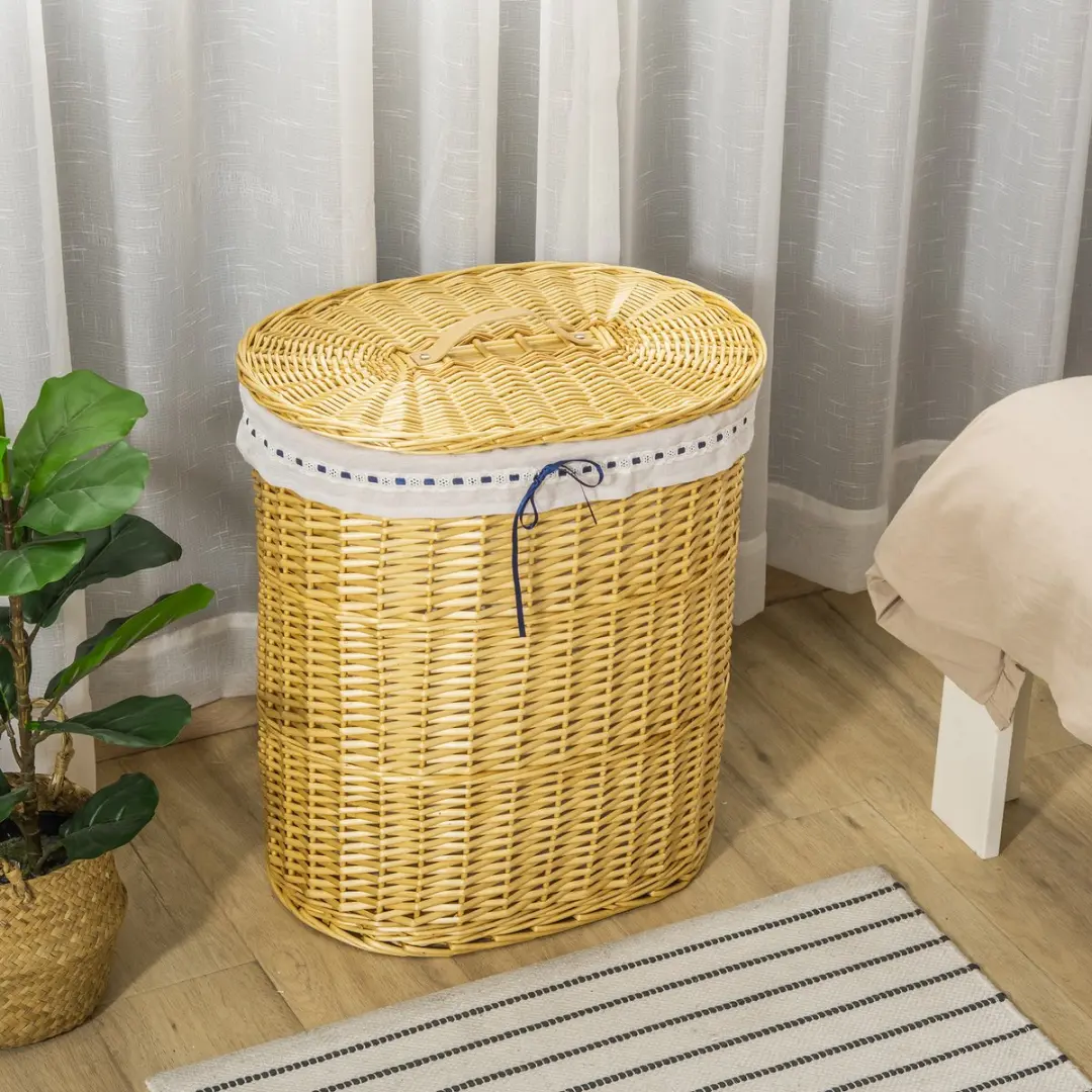 Homcom Rieten Wasmand met Deksel - Natuur