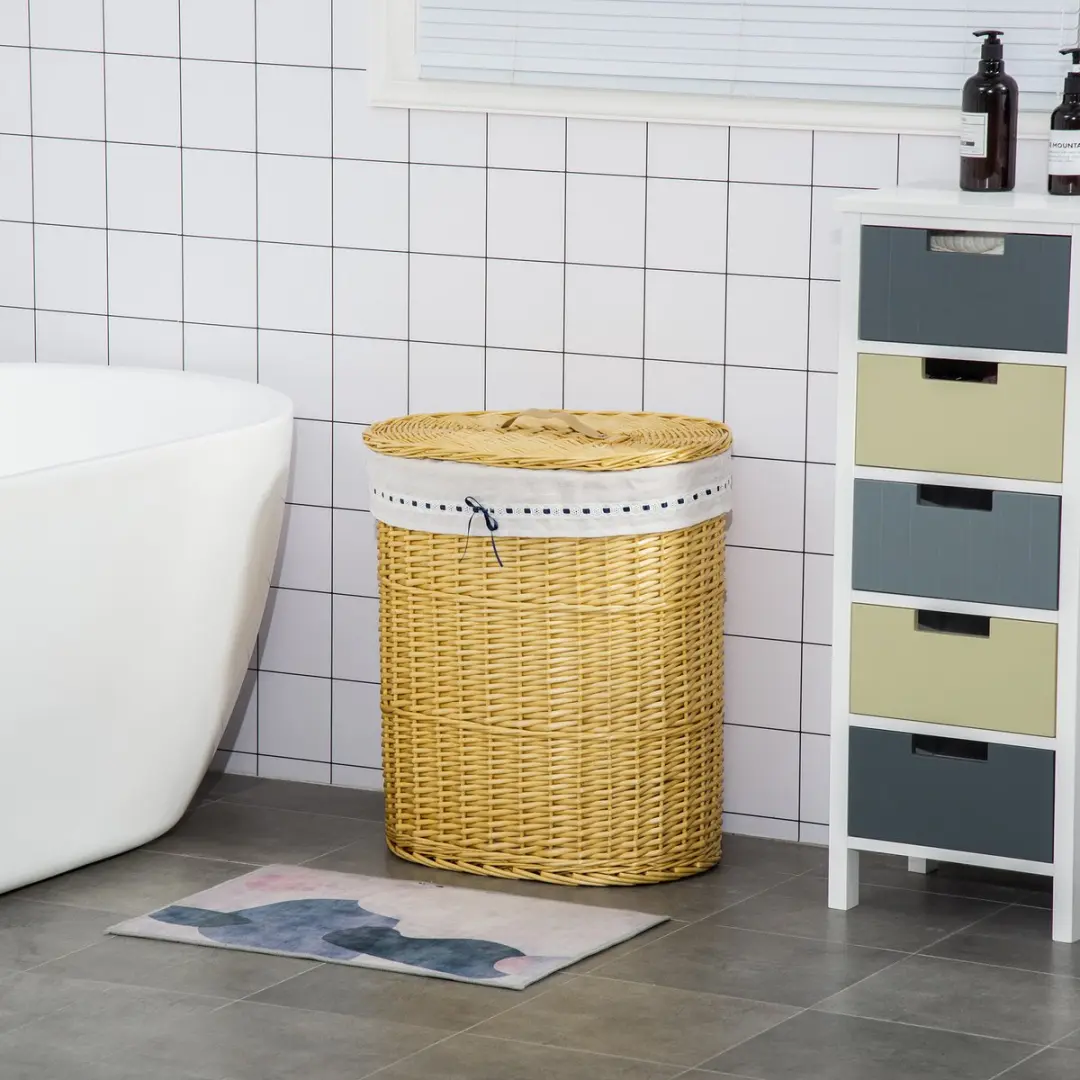 Homcom Rieten Wasmand met Deksel - Natuur
