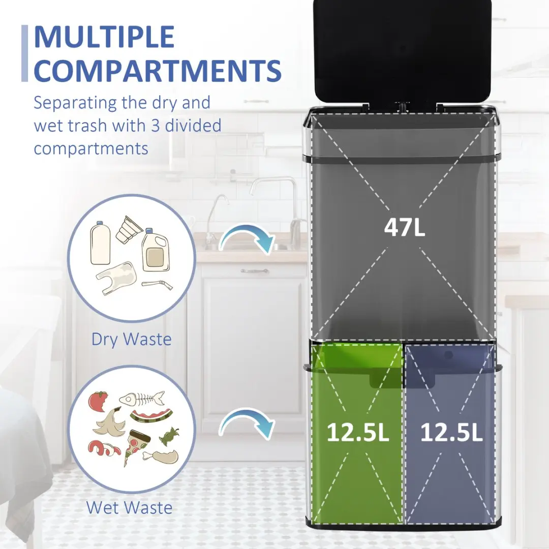 Homcom Sensor Prullenbak 72L - 3 Vakken Zilver