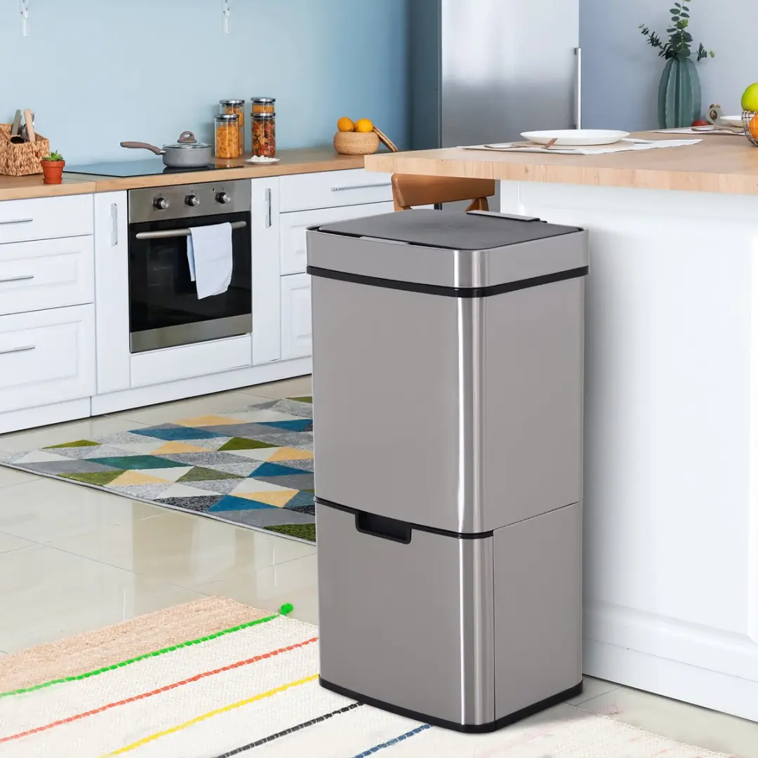 Homcom Sensor Prullenbak 72L - 3 Vakken Zilver