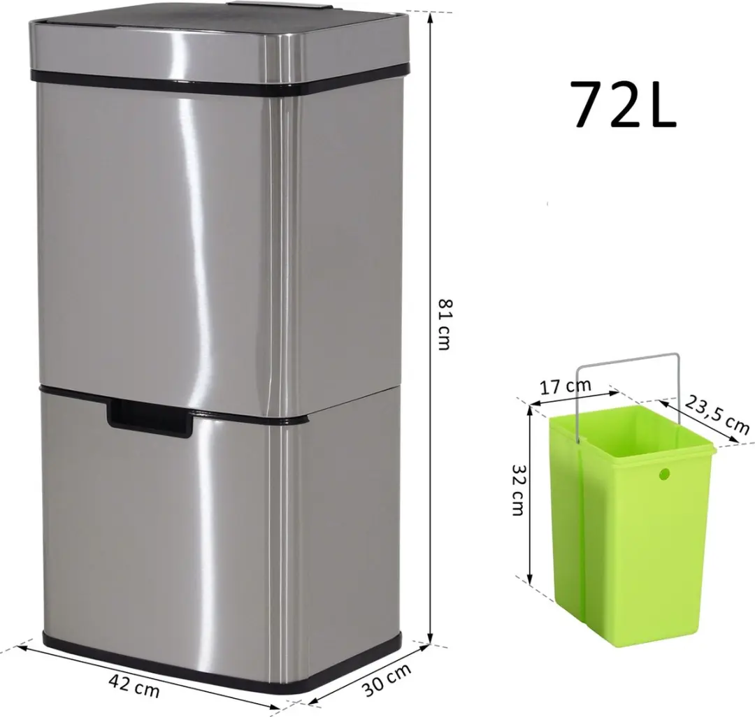 Homcom Sensor Prullenbak 72L - 3 Vakken Zilver