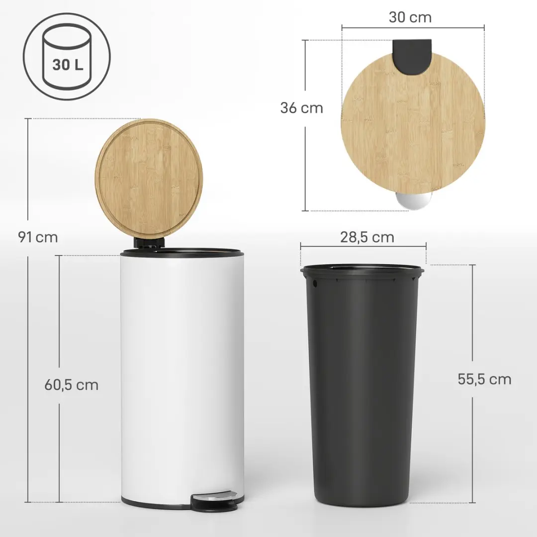 Homcom Prullenbak Metaal 30L - 36x30x60,5cm Wit