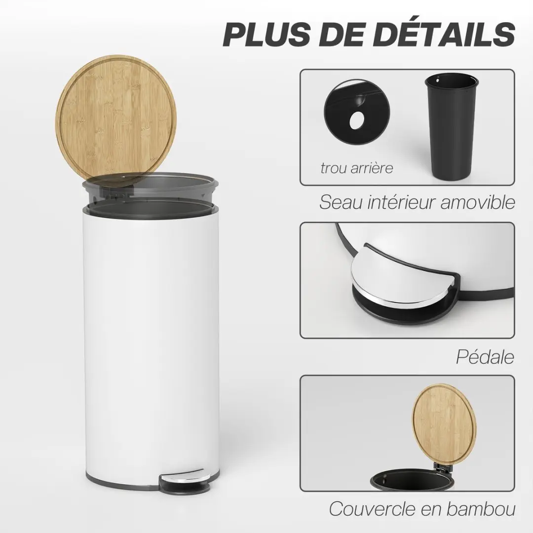 Homcom Prullenbak Metaal 30L - 36x30x60,5cm Wit