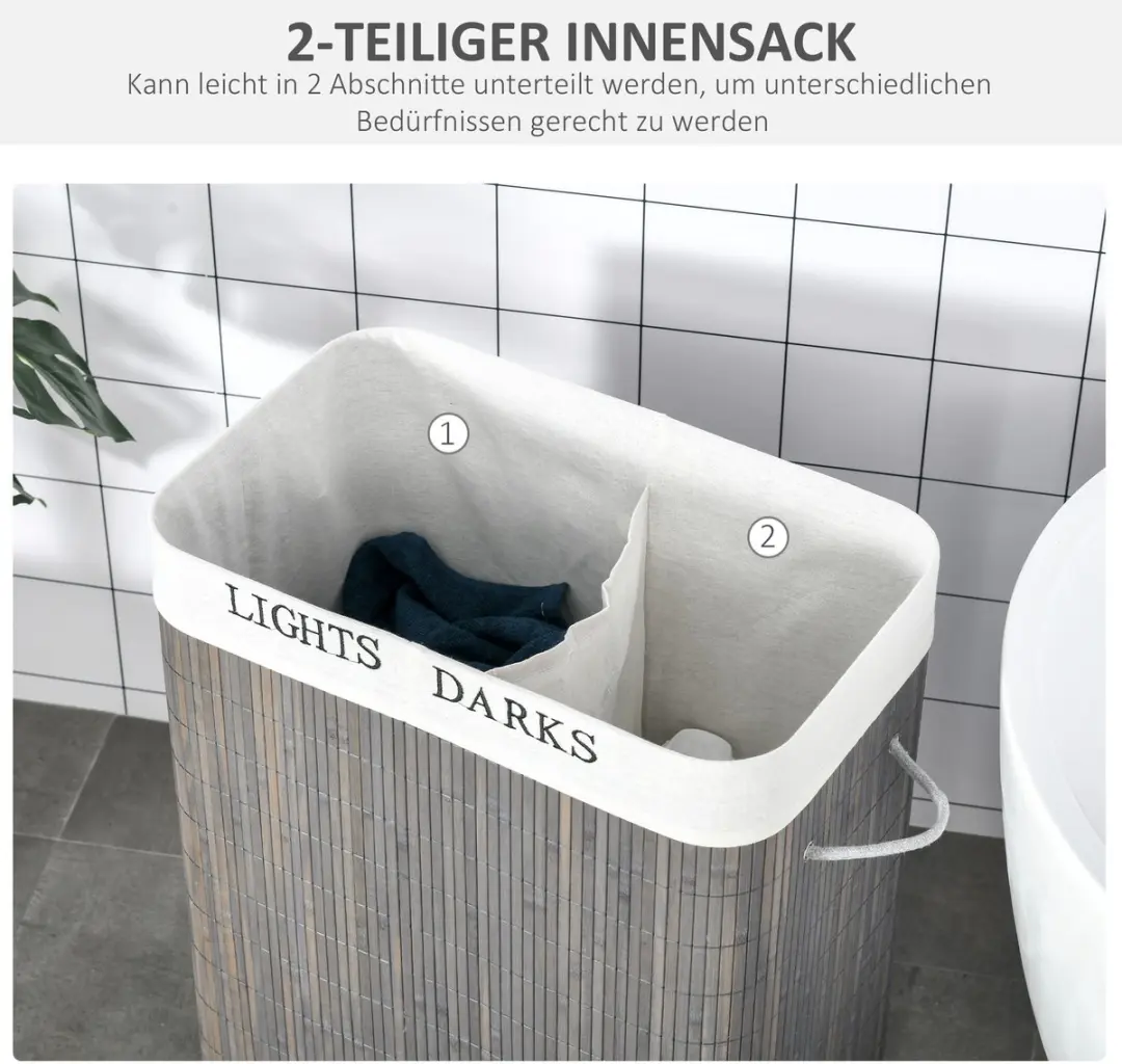 Homcom Wäschekorb 52x32x63cm - 52L - Grijs/Wit - afbeelding 6 van 6