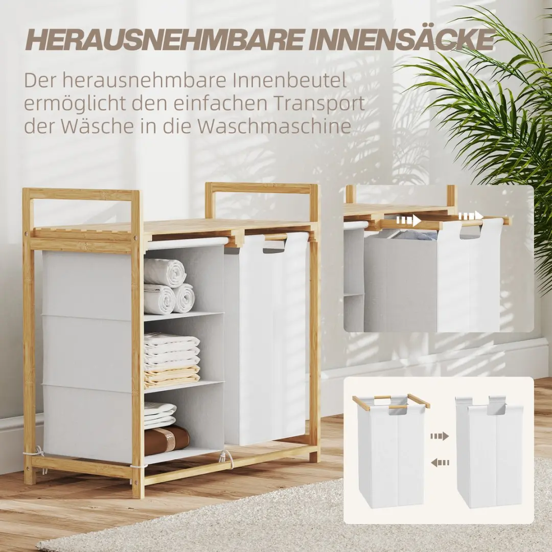 Homcom Wäschekorb Bamboe 70L - 3 Vakken - Wit