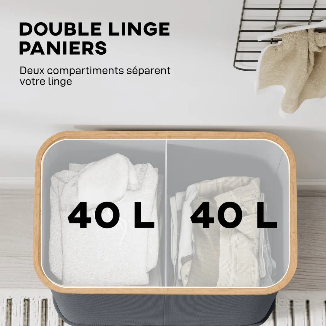 Homcom Wasmand 80L Grijs - 54x34x58,5cm - 2 Vakken - afbeelding 6 van 6