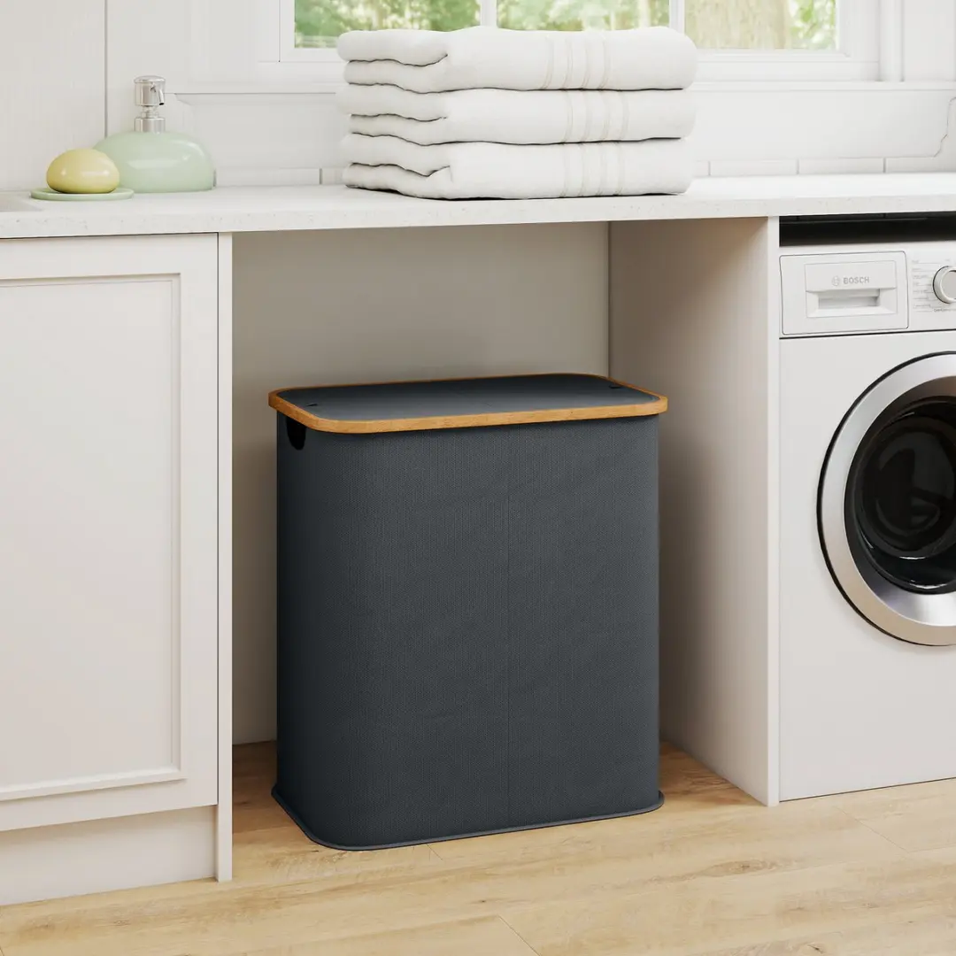 Homcom Wasmand 80L Grijs - 54x34x58,5cm - 2 Vakken