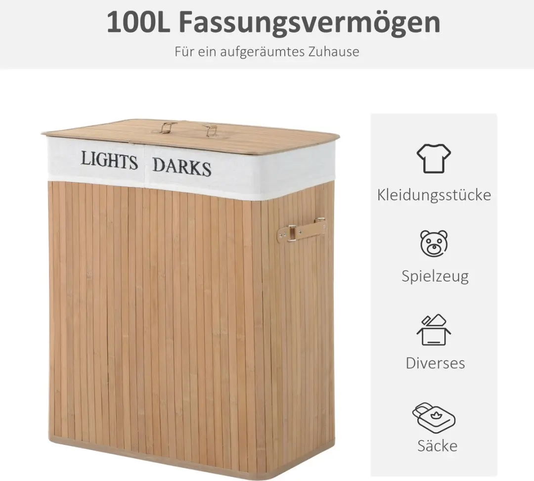 Homcom Wasmand 2 Vakken Bamboe - 100L