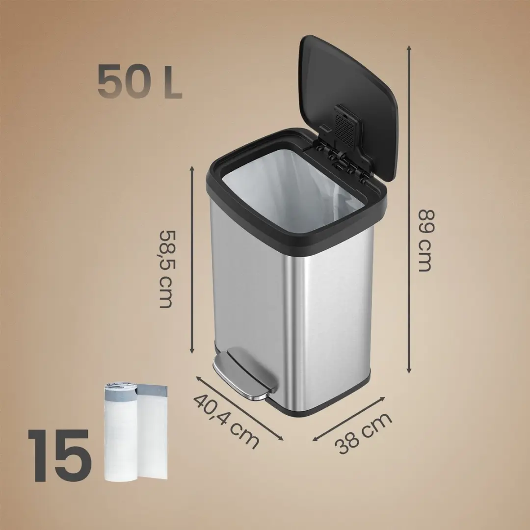 Songmics Pedaalemmer 50L - Zilverkleurig/Zwart - 15 Vuilniszakken