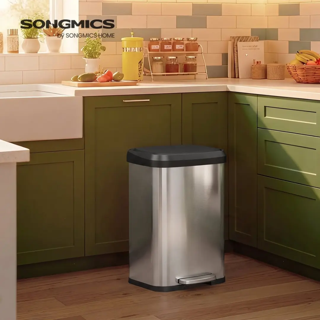 Songmics Pedaalemmer 50L - Zilverkleurig/Zwart - 15 Vuilniszakken