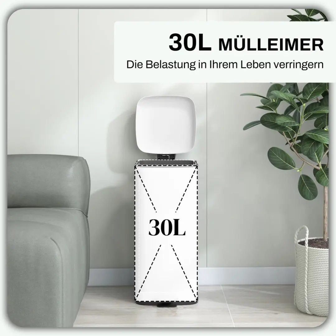 Homcom Metall Kunststof Vuilnisbak 30L - 28x35x63,5cm - Wit - afbeelding 6 van 6