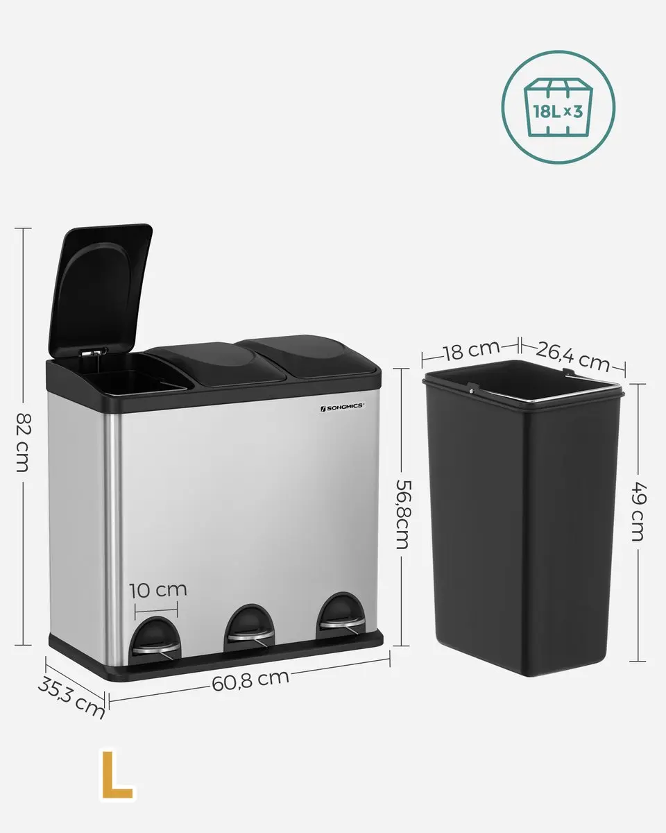 Songmics Pedaalemmer 54L - 3 Vakken Zilver-Zwart